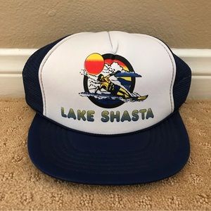 Vintage Lake Shasta souvenir trucker hat with water skier graphic